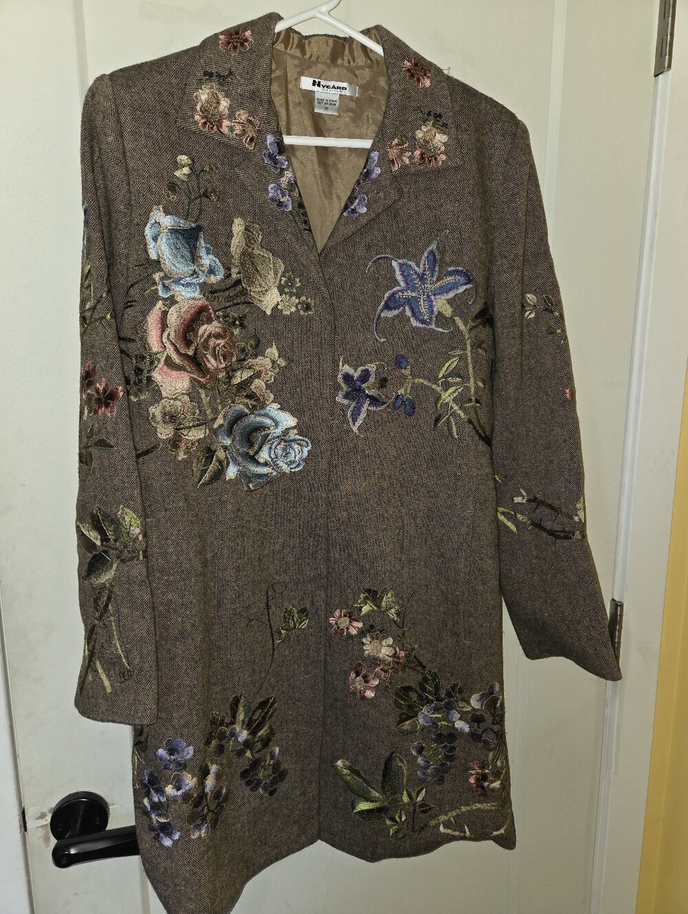 Embroidered Tweed  Floral Long Jacket in Brown with Blue & Pink Flowers